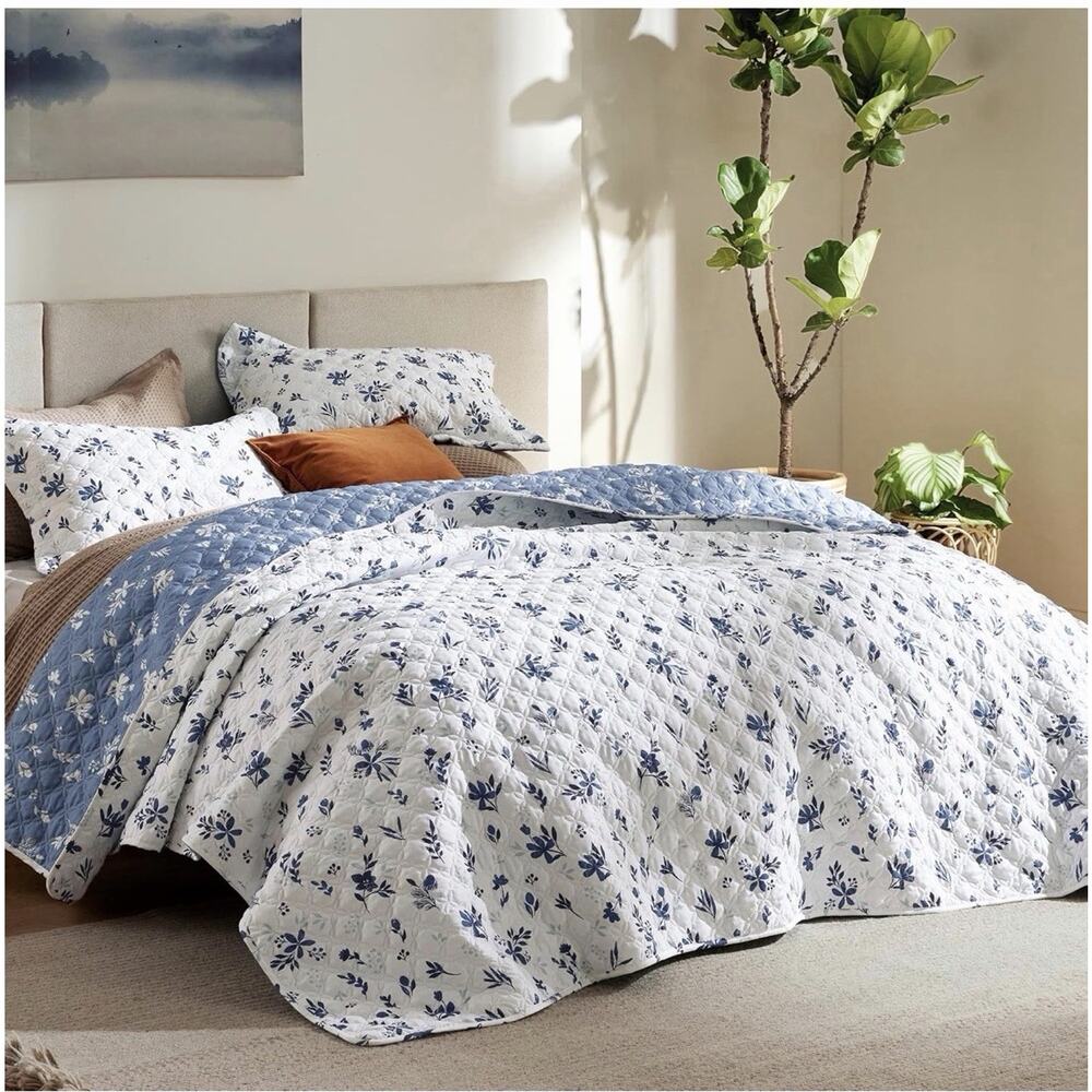 Bedsure Floral Quilt Queen Size-Reversible Blue & White Floral Comforter Daisy
